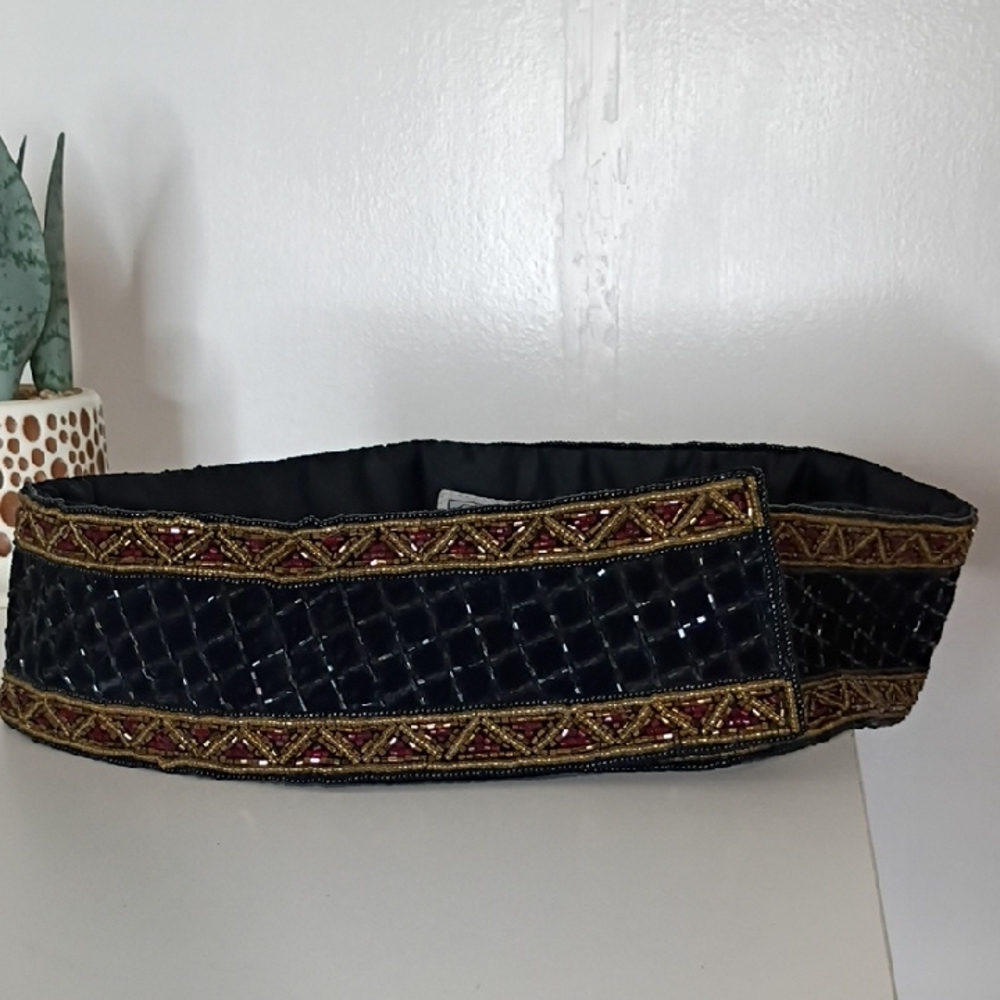 Christian Dior Vintage Black & Gold Beaded Stretch Belt M/L Designer  80s